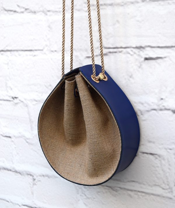 Δερμάτινη τσάντα πουγκί με λινάτσα - Μπλε ρουά