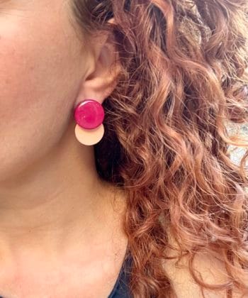 Ξύλινα σκουλαρίκια 2 κύκλοι μοβ σομόν 3