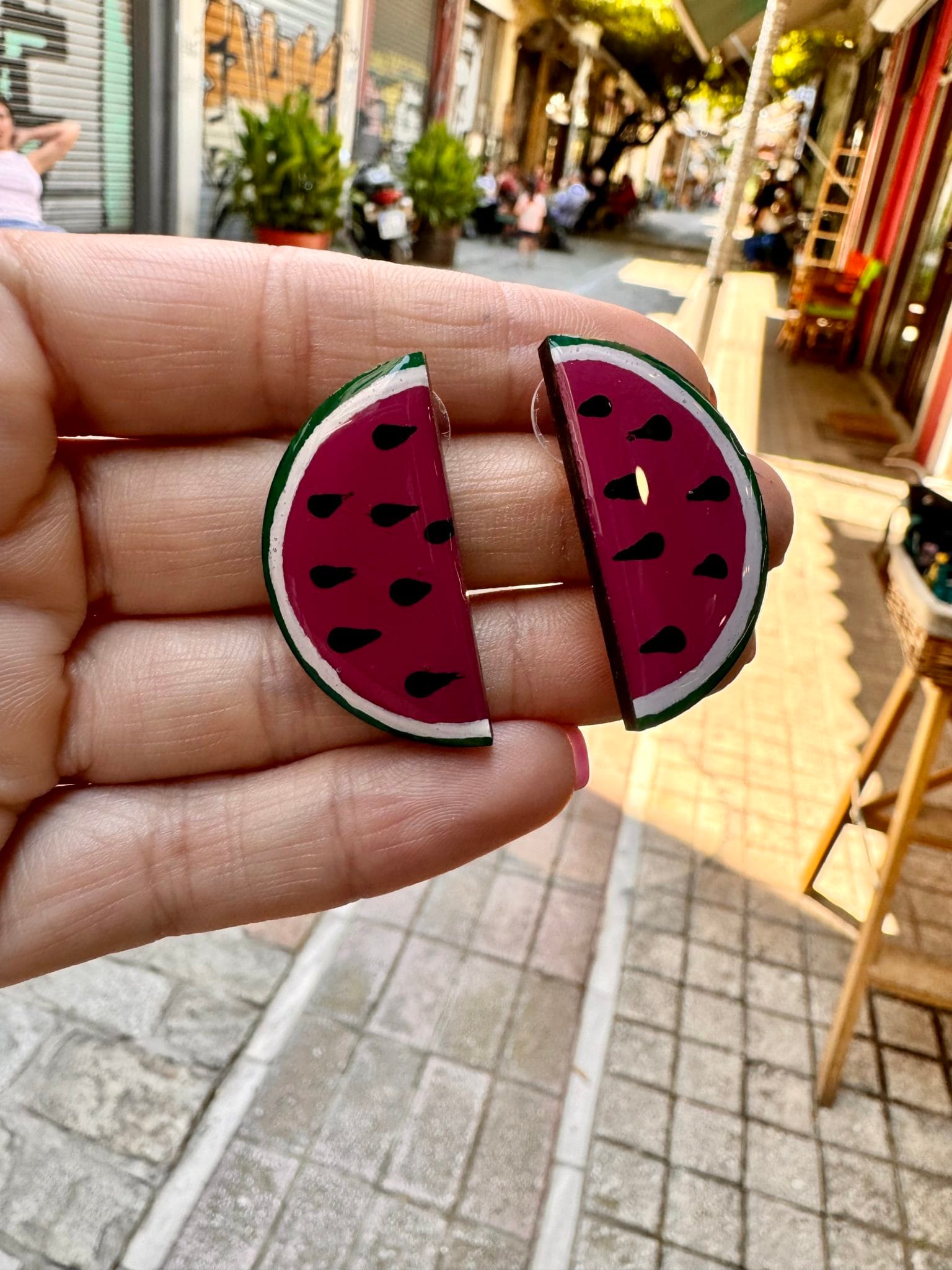 Wooden earrings colors red watermelon - Image 2