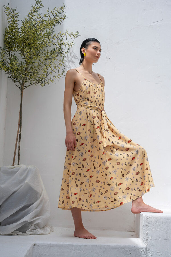 V Back Yellow Dress Fish Print