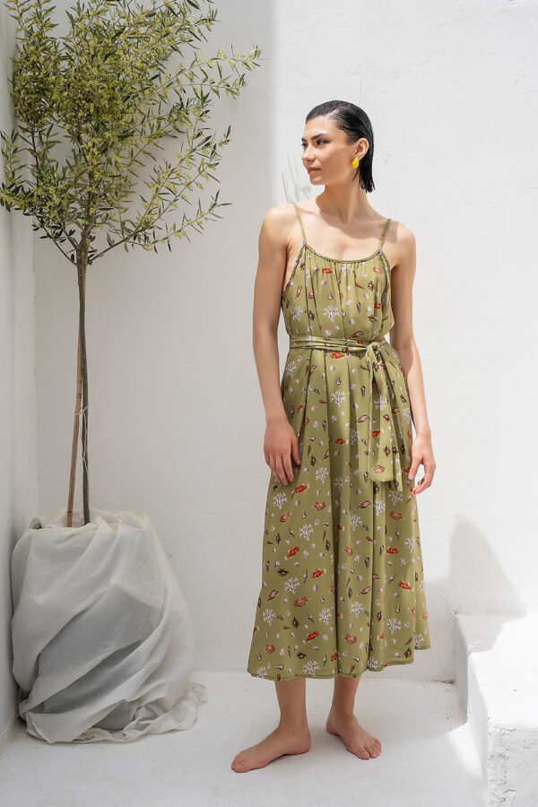 V Back Light Green Dress Fish Print