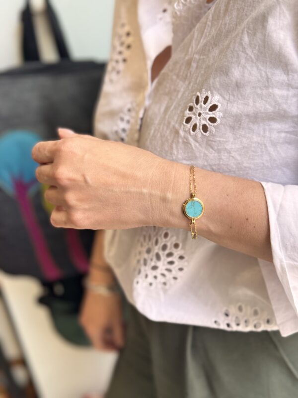 Gold Plated Stainless Steel Disk Turquoise Stone