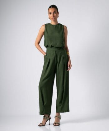 Σετ Tύπου Λινό Μπλούζα Αμάνικη Παντελόνι Ψηλόμεσο Λαδί 1