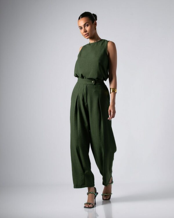Linen-Style Set  Sleeveless Top High Waisted Trousers in Olive Green