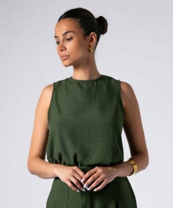 Σετ Tύπου Λινό Μπλούζα Αμάνικη Παντελόνι Ψηλόμεσο Λαδί 3