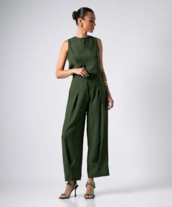 Σετ Tύπου Λινό Μπλούζα Αμάνικη Παντελόνι Ψηλόμεσο Λαδί 4