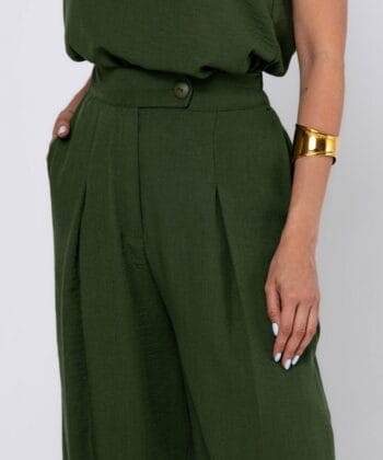 Σετ Tύπου Λινό Μπλούζα Αμάνικη Παντελόνι Ψηλόμεσο Λαδί 5