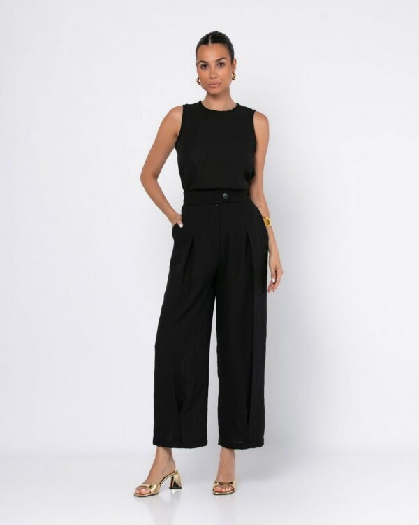 Linen-Style Set Sleeveless Top High Waisted Trousers Black