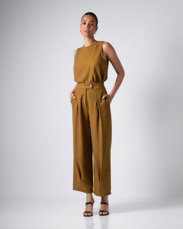 Linen-Style Set Sleeveless Top High Waisted Trousers Mustard Yellow