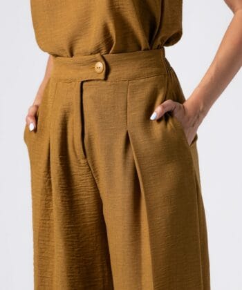Σετ Tύπου Λινό Μπλούζα Αμάνικη Παντελόνι Ψηλόμεσο Μουσταρδί 2
