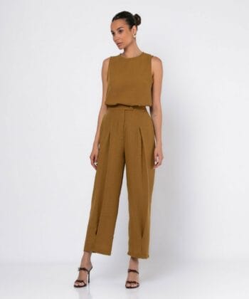 Σετ Tύπου Λινό Μπλούζα Αμάνικη Παντελόνι Ψηλόμεσο Μουσταρδί 3