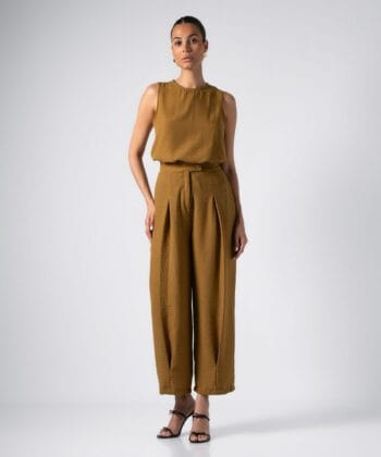 Σετ Tύπου Λινό Μπλούζα Αμάνικη Παντελόνι Ψηλόμεσο Μουσταρδί 4