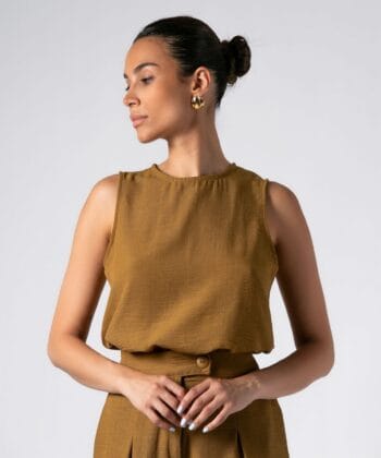 Σετ Tύπου Λινό Μπλούζα Αμάνικη Παντελόνι Ψηλόμεσο Μουσταρδί 5