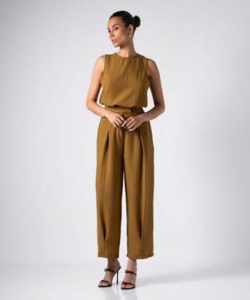 Σετ Tύπου Λινό Μπλούζα Αμάνικη Παντελόνι Ψηλόμεσο Μουσταρδί 6