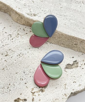 Ξύλινα Σκουλαρίκια 3 Σταγόνες Μπλε Πράσινο Ροζ