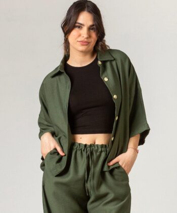 Γυναικείο Πουκάμισο Λινό Οversized Λαδί 1