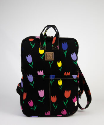 Backpack Fabric Black Flowers Floral Τulips