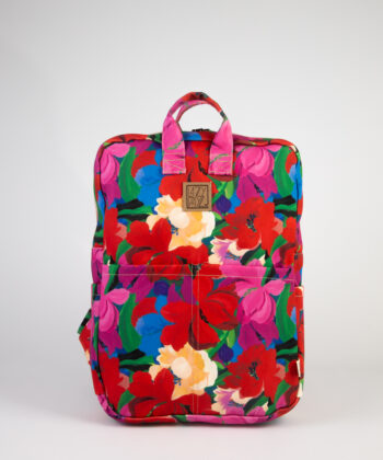 Backpack Fabric Black Flowers Fuchsia Red