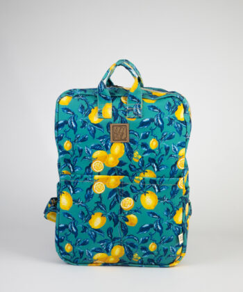 Backpack Fabric Black Flowers Turquoise Lemons