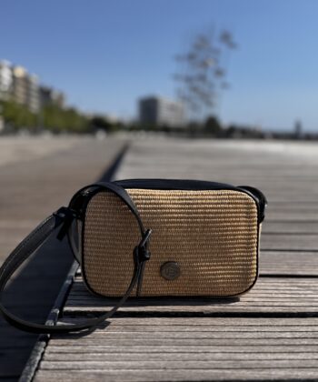 Τσάντα Μπαουλάκι Ψάθα Εκρού Δέρμα Μαύρο 2