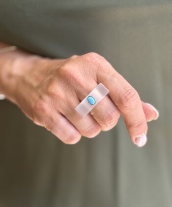 White Plexiglass Ring Green Turquoise Stone