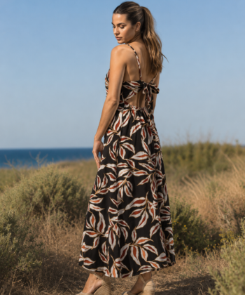 Printed Maxi Dress with Open Back Tie Black