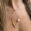 Asymmetrical Gold Plated Pearl Leaf Necklace
