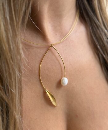 Asymmetrical Gold Plated Pearl Leaf Necklace