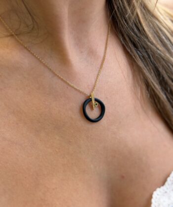 Black Circle Necklace Gold Plated 925 Sterling Silver Green Zircon