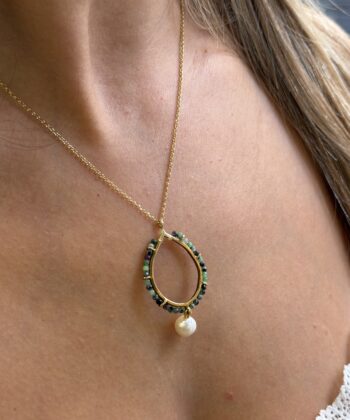 Gold Plated 925 Sterling Silver Teardrop Necklace Malachite Pearl