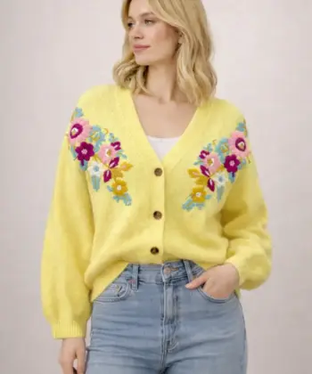 Γυναικεία Πλεκτή Ζακέτα V Λαιμόκοψη Floral Κέντημα Κϊτρινο 2
