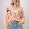 Γυναικεία Πλεκτή Ζακέτα V Λαιμόκοψη Floral Κέντημα Σομόν 2