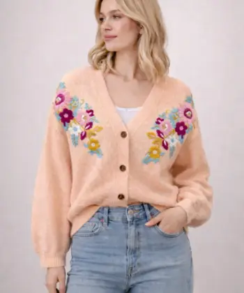 Γυναικεία Πλεκτή Ζακέτα V Λαιμόκοψη Floral Κέντημα Σομόν 2